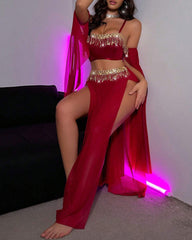 Sexy See-Through Mesh Rhinestone Tassel Embellished Chain Lingerie Set
