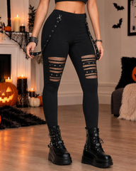 Halloween High Waist Hollow-Out Square Buckle Skinny Pants