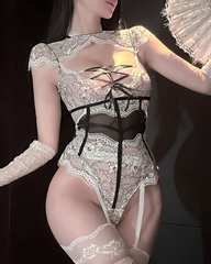Sexy Floral Lace Lace-Up Backless Teddy Bodysuit