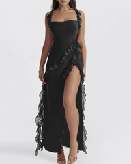 Sexy Ruffle Trim Slit Maxi Dress