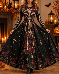 Halloween Cosplay Retro Print Long Sleeve Dress