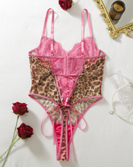 Sexy Leopard Print Pink Lace Underwire Bodysuit