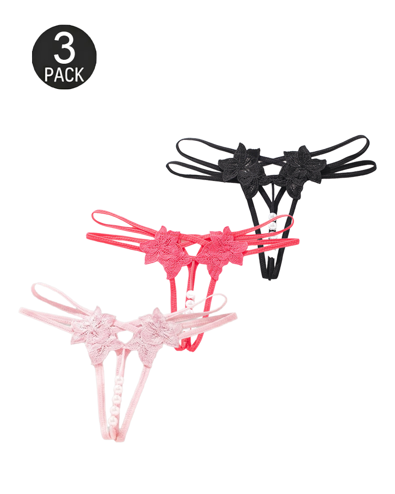 Sexy Floral Lace Embroidered Pearl Cutout G-String