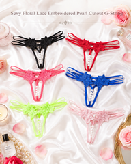 Sexy Floral Lace Embroidered Pearl Cutout G-String