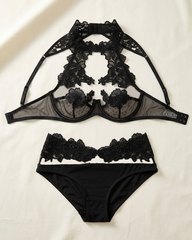 Sexy Black Rose Lace Mesh Cut-Out Halter Lingerie Set