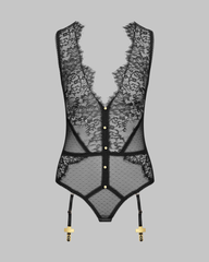 Sexy Lace Sheer Teddy Bodysuit with Garter Stockings