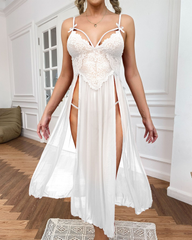 Sexy Sheer Mesh Deep V-Neck Lace Side Slit Slip Dress