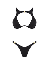 Sexy Metal Buckle Cut-Out Bikini Set with Cover-Up Skirt