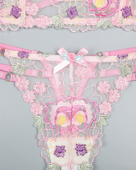Floral Embroidered Mesh Longline Bra & Thong Set
