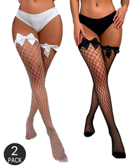 Two Packs Bow-Decorated Fishnet Thigh-High Stockings