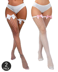 Two Packs Bow-Decorated Fishnet Thigh-High Stockings