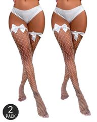 Two Packs Bow-Decorated Fishnet Thigh-High Stockings