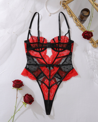 Sexy Red & Black Lace Mesh Cutout Bodysuit