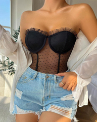 Sexy Slim Fit Polka Dot Lace Patchwork Bodysuit