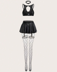 Sexy Cutout Faux Leather Mini Skirt Lingerie Set