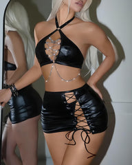Sexy PU Leather Chain Openwork Lingerie Set