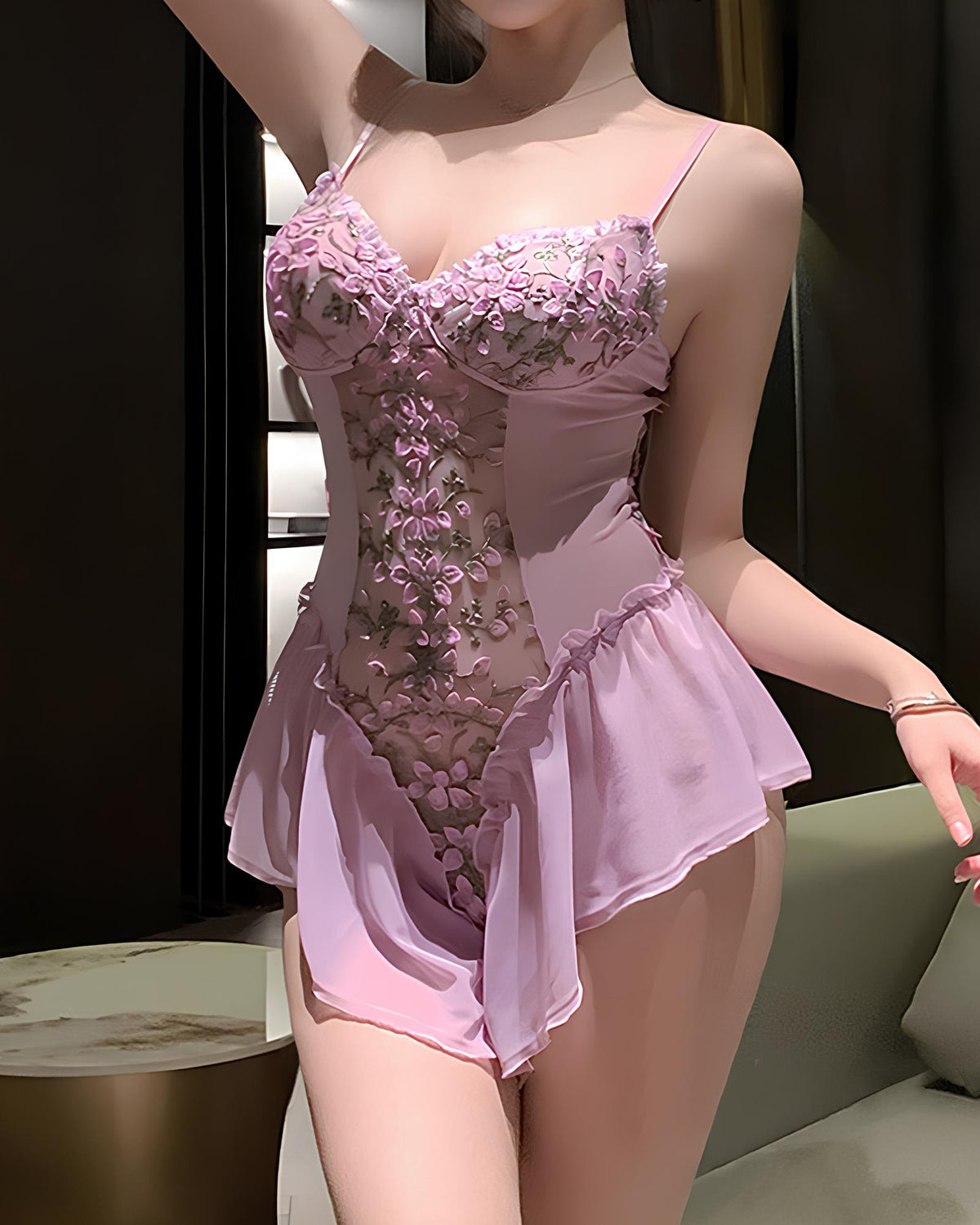 Sexy Floral Embroidered Mesh See-through Slip Dress Lingerie