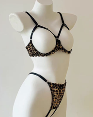 Sexy Leopard Lace Open-Cup Strappy Bra & High-Cut Thong Lingerie Set