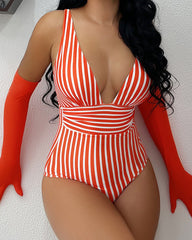 Striped Plunging Neck Swimsuit