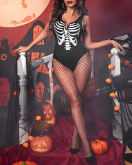 Halloween Cosplay Skull Print Bodysuit with Fishnet Stockings Hat Three-Piece Set