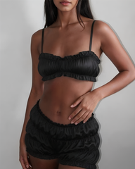 Satin Ruffle Pajama Set Ruched Cami Crop Top & Shorts Two-Piece Sleepwear