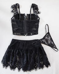Leather Lace Patchwork Adjustable Strappy Lingerie Set