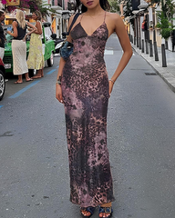 Sexy Halter Tie Backless Butterfly Detail Printed Bodycon Dress