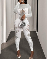 Lace mesh hollow-out high-stretch sheer jumpsuit
