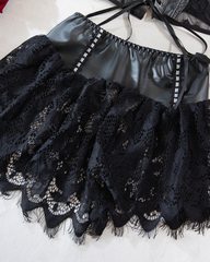 Leather Lace Patchwork Adjustable Strappy Lingerie Set