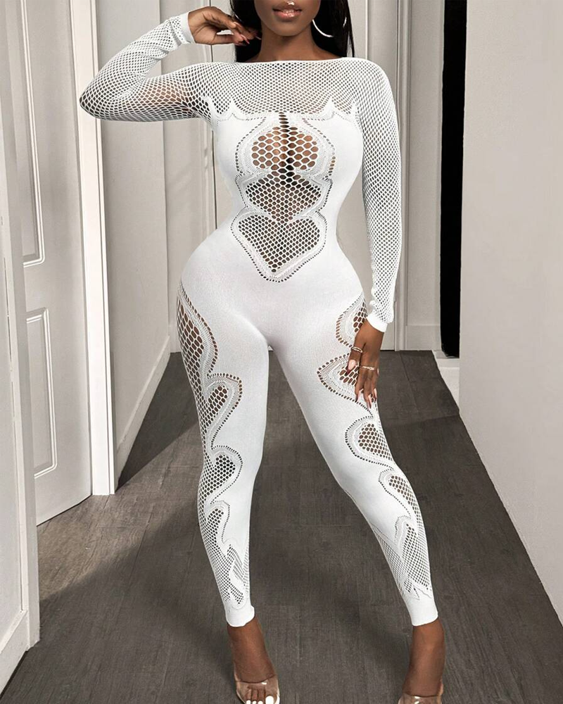 Lace mesh hollow-out high-stretch sheer jumpsuit