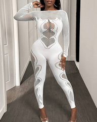 Lace mesh hollow-out high-stretch sheer jumpsuit
