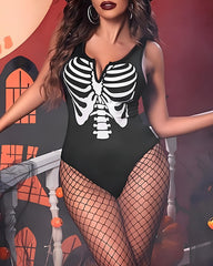 Halloween Cosplay Skull Print Bodysuit with Fishnet Stockings Hat Three-Piece Set