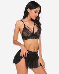 3 Piece Sets Lace Bralette, Skirt with Panty