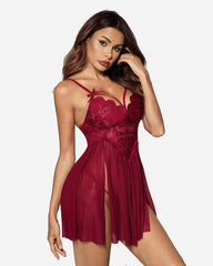 V Neck Strap Mesh Side Slit Nighty
