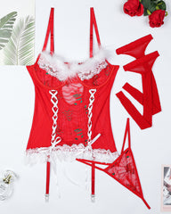 Sexy Christmas Lace Mesh Sheer Lingerie Set with Stockings