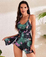 Tummy Control V Neck Twist Knot Tropical Skirted Swimdress