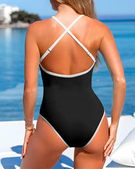 Deep V Ribbed Cross Back One-Piece Swimsuit
