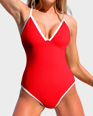 Deep V Ribbed Cross Back One-Piece Swimsuit