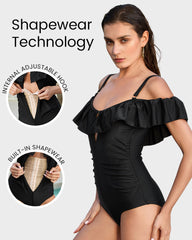 Drop-Shoulder Ruffled Zip-Front Shapewear Swimsuit