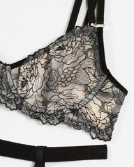 Sexy Flower Embroidered Mesh Splicing See-Through Lingerie Set