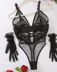 Sexy Polka Dot Lace Stitching Low-Cut Sexy Bodysuit