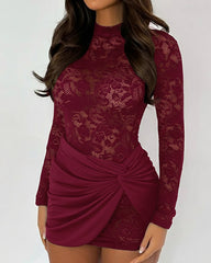 Sexy Lace See-through Round Neck Long-sleeved Bodycon Mini Dress