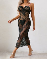 Sexy Floral Lace Mesh See-through Long Camisole Nightgown