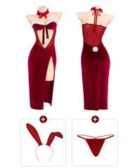 Christmas Bunny Sexy Velvet High-slit Long Lingerie Dress