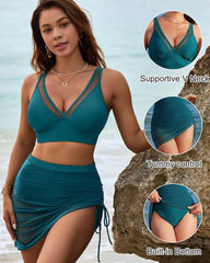Mesh High Waisted Tummy Control Sarong Wraps Bikini Set