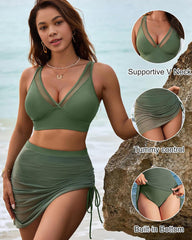 Mesh High Waisted Tummy Control Sarong Wraps Bikini Set