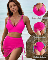 Mesh High Waisted Tummy Control Sarong Wraps Bikini Set