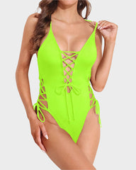 Deep Plunge V Neck High Cut Lace Up Swimsuit