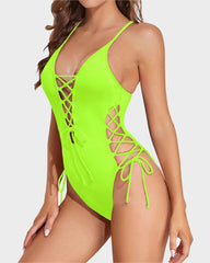 Deep Plunge V Neck High Cut Lace Up Swimsuit