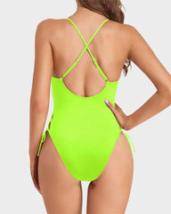 Deep Plunge V Neck High Cut Lace Up Swimsuit